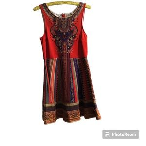 Flying Tomato Red Geometric Fit & Flare Dress Zip Back, Scoop Neck Sleeveless